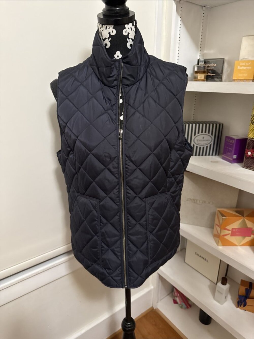 Brooks Brothers 346 Vest Womens Large Quilted Plaid Lined Navy Blue Full Zip